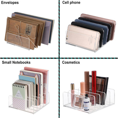 Hipiwe 2-Pack Acrylic File Organizer for Sorting Mail - 5 Slots Letter Sorter Clear Desktop Bill Divider Holder for Paper Envelope Document Book Cash Money Eyeshadow Makeup Palette