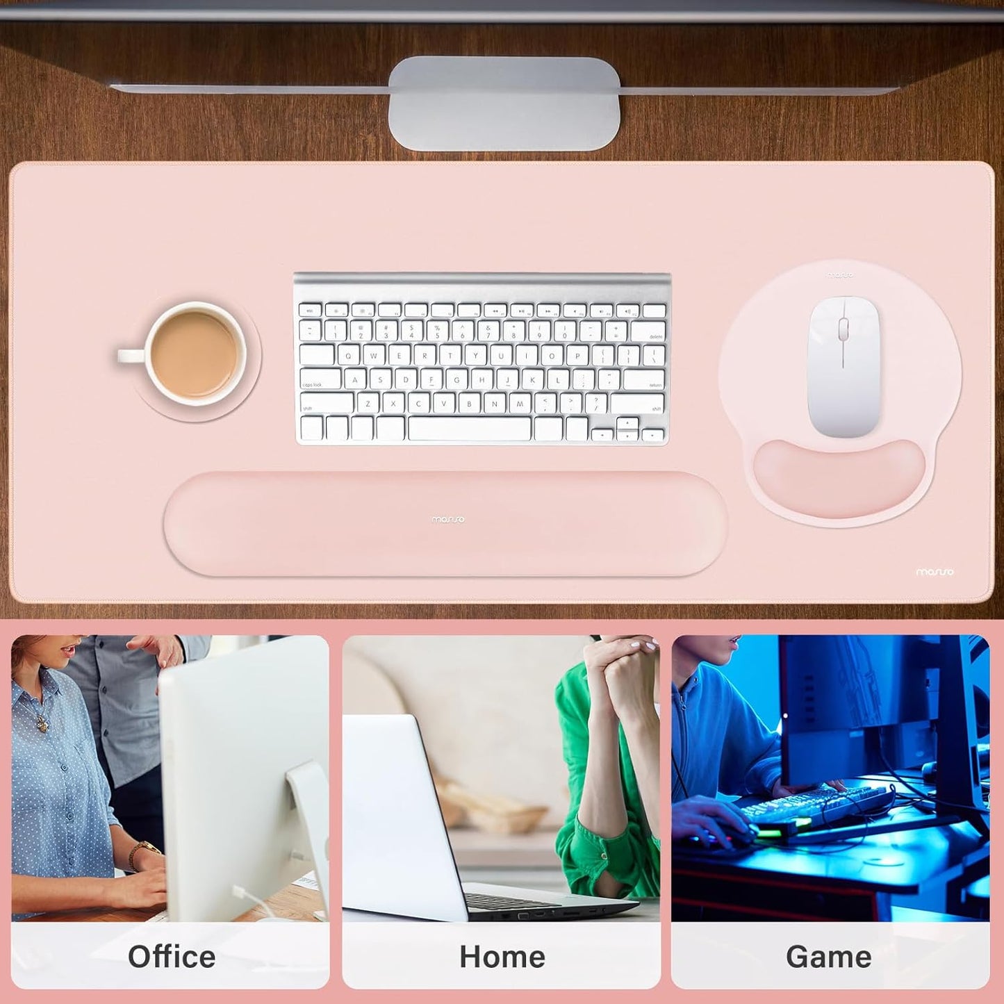 MOSISO Wrist Rest for Keyboard Mouse Pad Set, Large Gaming Deskpad&Circle Curved Mousepad&Keyboard Wrist Rest&Coaster, Ergonomic Non-Slip Mousepad&Easy Typing Pad with Silicone Lining, Apricot