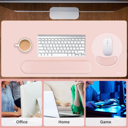 MOSISO Wrist Rest for Keyboard Mouse Pad Set, Large Gaming Deskpad&Circle Curved Mousepad&Keyboard Wrist Rest&Coaster, Ergonomic Non-Slip Mousepad&Easy Typing Pad with Silicone Lining, Apricot
