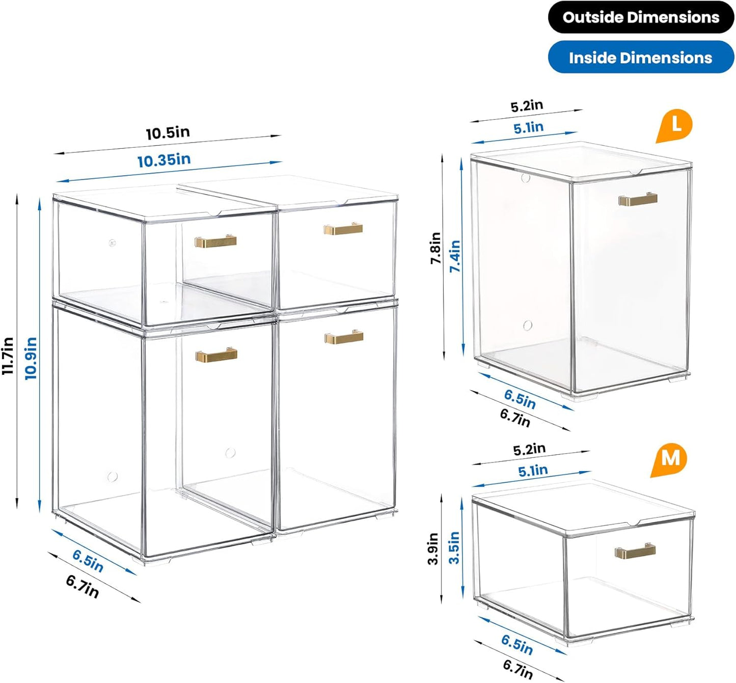 LALOBLUE Set of 5 Stackable Storage Drawers, Clear Acrylic Organizer Bins for Beauty Supplies, Perfect for Makeup Vanity, Undersink, Kitchen, Cabinet,Pantry Organization and Storage