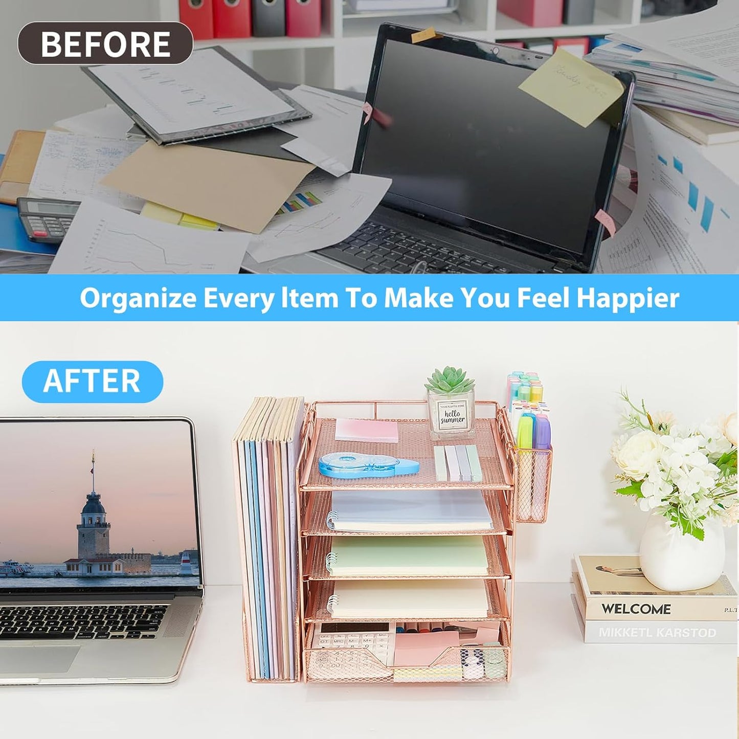 Desk Organizer, 5-Tier Paper Letter Tray Organizer with File Holder, Drawer and Pen Holder, Desktop Organizer for Office Supplies, Black