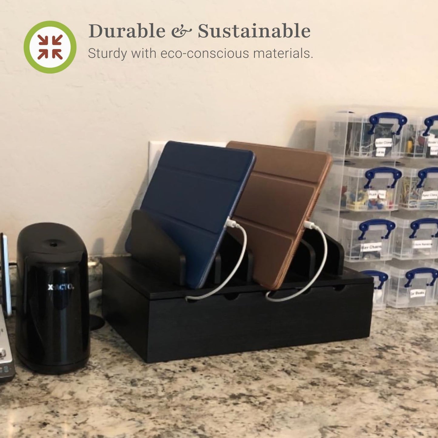 Prosumer's Choice Wooden Charging Station Organizer - 5-Port Base for Phones, Tablets and Laptops - Multi-Device Docking Station with Removable Divider Slots - Cord Box with Cable Management - Bamboo
