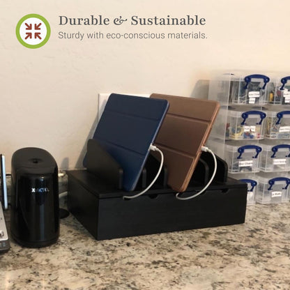 Prosumer's Choice Wooden Charging Station Organizer - 5-Port Base for Phones, Tablets and Laptops - Multi-Device Docking Station with Removable Divider Slots - Cord Box with Cable Management - Bamboo