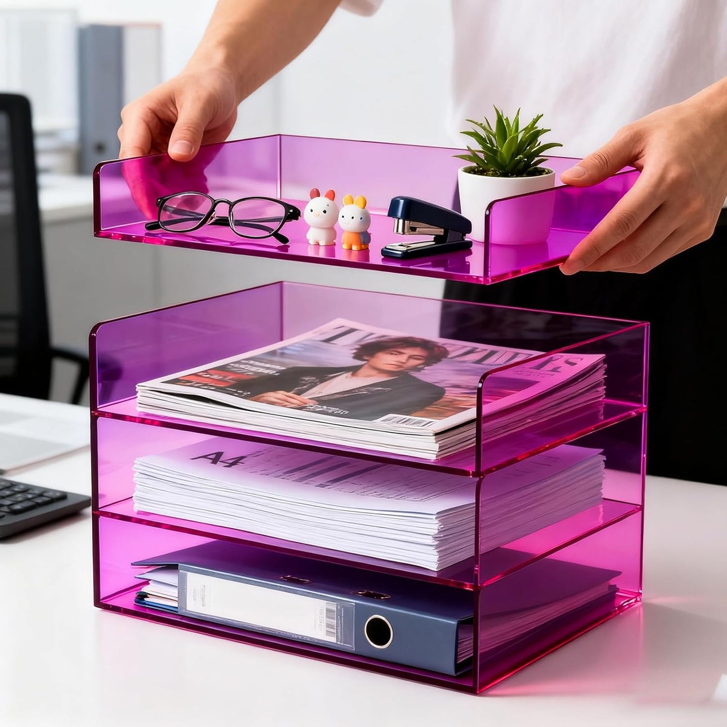 Gelite Acrylic File Organizer for Desk 4 Tiered Stackable Letter Tray Office Paper Storage Desktop Document Sorter, Neon Pink
