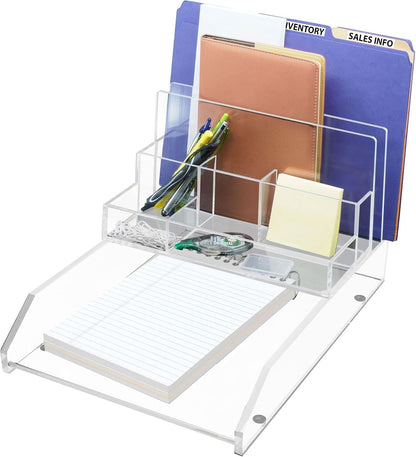 Kantek Clear Acrylic File Sorter/Desk Organizer, Multiple compartments, 2 Large File Sections, 10.5" x 7.5" x 6.7", Fits on any 10.5" Tray, Office Organizer, Desk Accessory