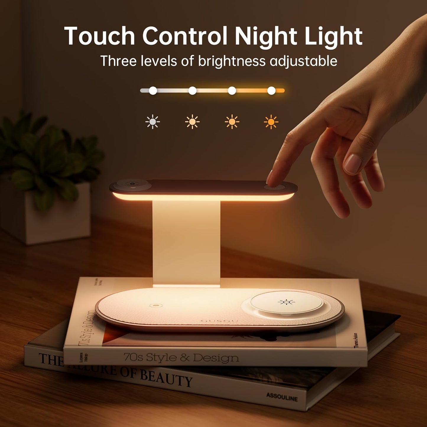 GUSGU 3 in 1 Charging Station with Three-Level Night Light, 15W Max Fast Charging, Wireless Charger for iPhone 15/14/13/12, iWatch S1-8/Ultra, AirPods(30W USB-C Charger Included), White