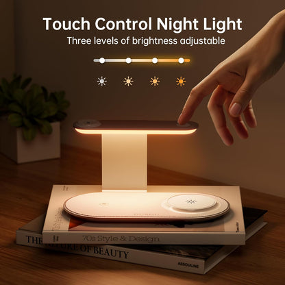 GUSGU 3 in 1 Charging Station with Three-Level Night Light, 15W Max Fast Charging, Wireless Charger for iPhone 15/14/13/12, iWatch S1-8/Ultra, AirPods(30W USB-C Charger Included), White