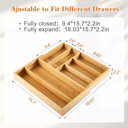 Bamboo Sliding Desk Drawer Organizer 8.2'' up to 16.4'' x 14.4'' x 2.2'' Expandable Office Desk Accessories Supplies Tray with 7 Compartments for Pens, Notebooks, Rulers, and Makeup Jewelry Vanity