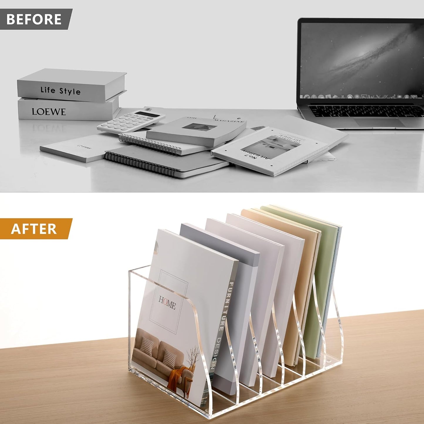 SANRUI Acrylic File Organizer, Clear Magazine File Holder Desk Organizer for Office Organization and Storage with 5 Vertical Compartments, Desktop Bookshelf for Home Office Organization