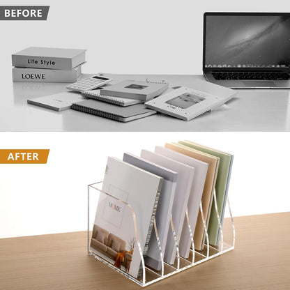 SANRUI Acrylic File Organizer, Clear Magazine File Holder Desk Organizer for Office Organization and Storage with 5 Vertical Compartments, Desktop Bookshelf for Home Office Organization