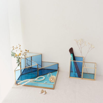 FONDAZZA Gold & Blue Glass Desk Organizer - Elegant Office Decor, Aesthetic Makeup Brush Holder, 2-Compartment Pen Holder, Pencil Cup, Vanity & Cosmetic Storage, Desk Accessories for Women
