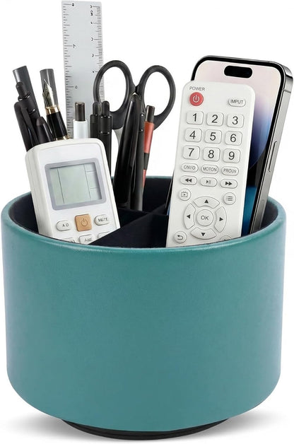 Hennaja Round Leather Art Supply Organizer,Remote Control Holder,360 Degree Rotating,Multi-Functional Pencil Holder,4 Compartments Desktop Stationary Organizer(1-Blue Bird) - Colors A