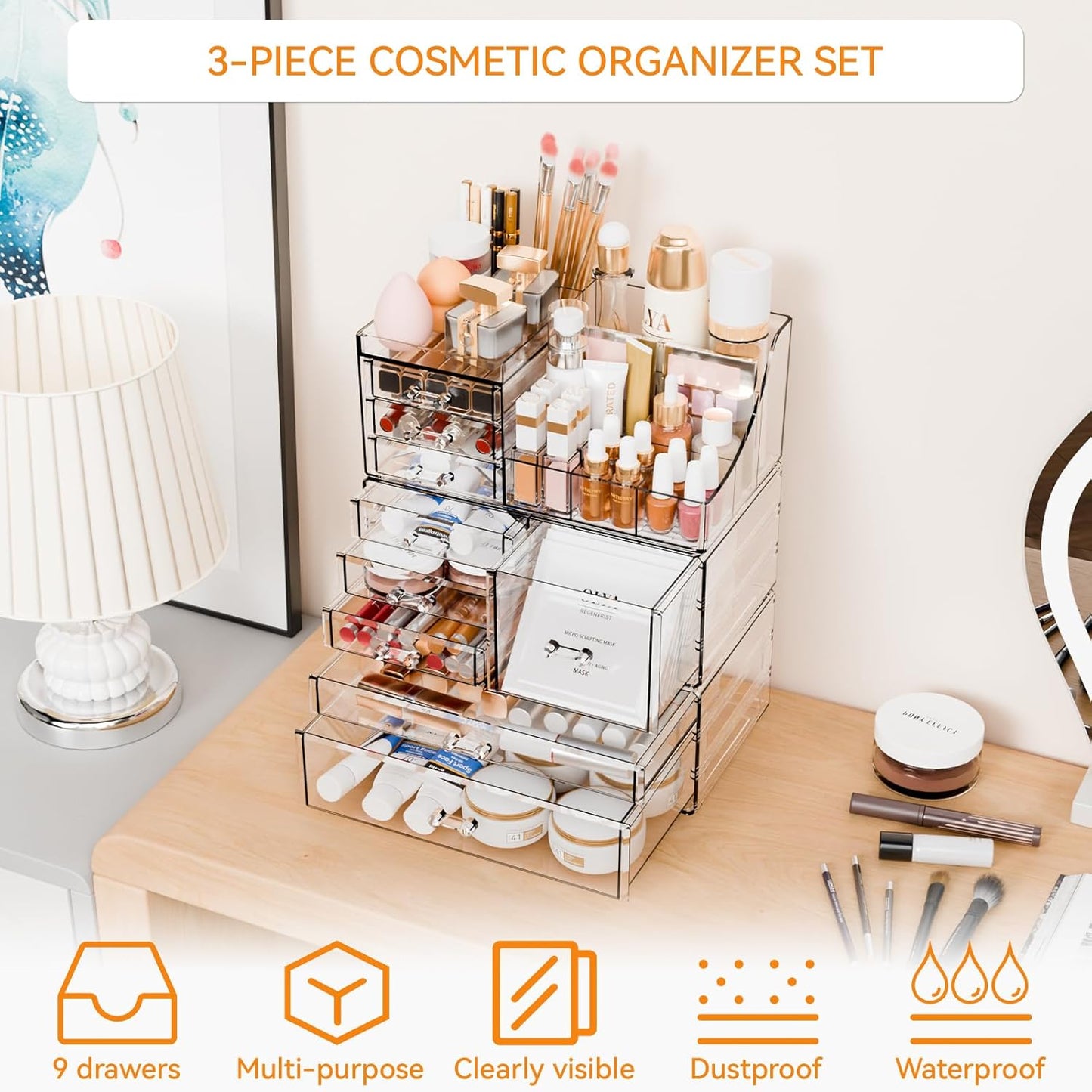 Yieach 3 Pack Clear Makeup Organizer Countertop for Dresser,Vanity and Bathroom Counter Organizer,Tiered Stackable Makeup Acrylic Organizers with 9 Drawer for Skincare,Brush and Make up Holders