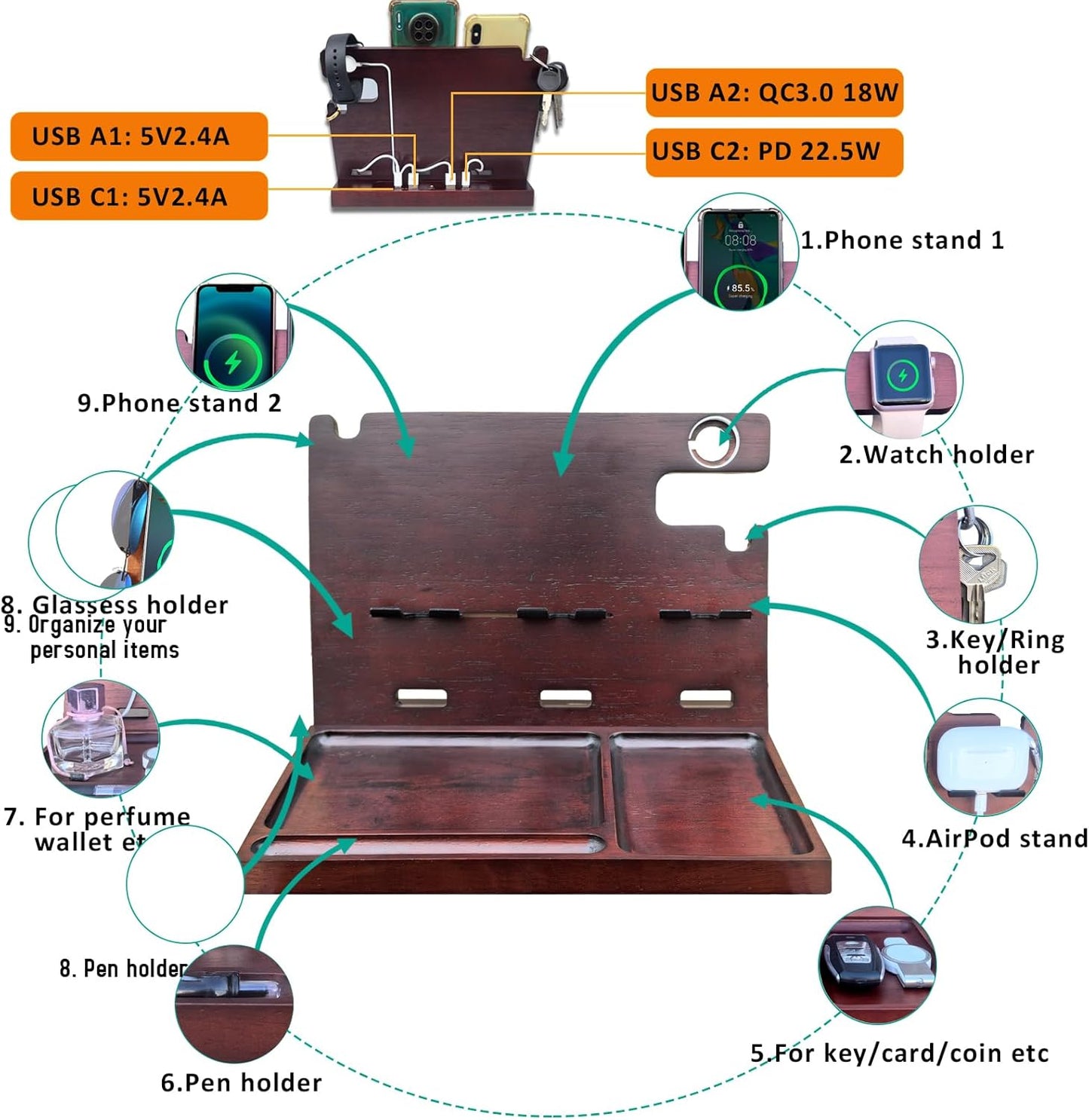 Nightstand Organizer with Drawer Built in 4 USB Charger, Wood Phone Docking Station with Dual Phone Charging Station for Apple Android Phones Anniversary Birthday Gifts for Men Dad Hunsband Mom