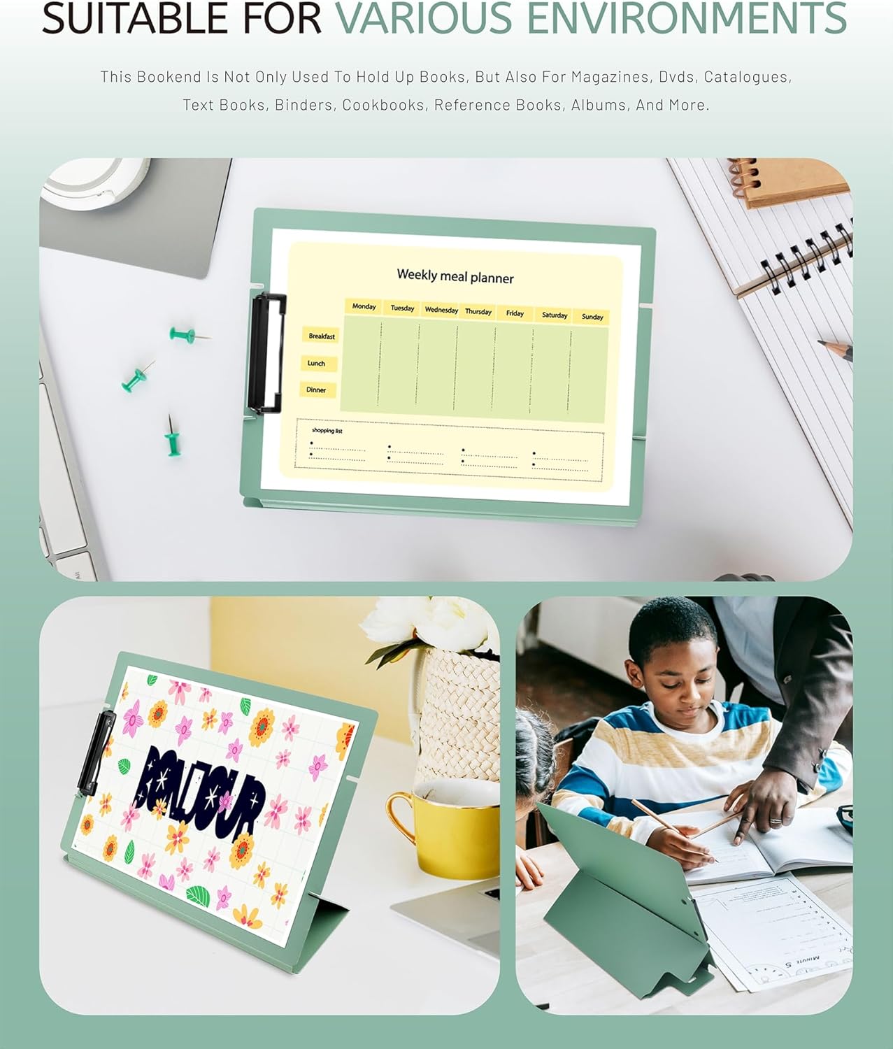Free Standing Clipboard and Desktop Stand with Adjustable Buckles Easel Back - Foldable Stand and Document Holder for School, Office and Business Use (9.37 x 12.6 inches) (Light Green)