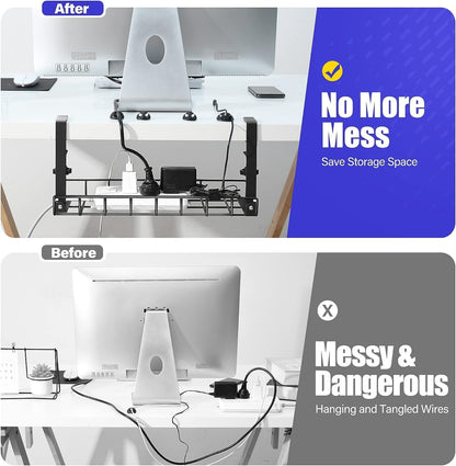 Under Desk Cable Management Tray, Xpatee Upgraded Wire Management No Drill No Screws, Cable Tray with Clamp for Wire Organizers, Computer Cord Rack for Office, Home - No Damage to Desk White