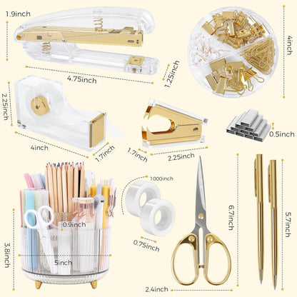 SKYDUE Pink Desk Accessories 10Pcs, Rotating Pen Holder for Desk, Stapler, Staple Remover, Tape Dispenser,2pcs Tape Refills, Binder Paper Clips Kit, Scissor,Pink Office School Supplies