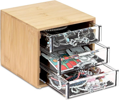 Ikee Design Bamboo Makeup Organizer, Desktop Drawer Organizer with Three Clear Acrylic Drawers, Office Desk Organizer for Lipsticks, Cosmetics, Jewelry, and Accessories for Vanity, Home