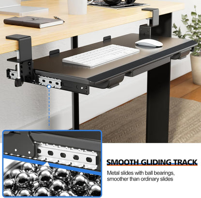 Large Keyboard Tray Under Desk Slide Out with Sturdy C-Clamp Mount and Storage Drawer, 27" (31" Including Clamps) x 12" Ergonomic Keyboard Trays for Home and Office, Black