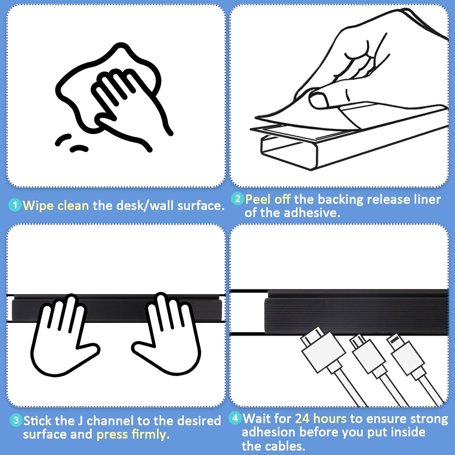 Adhesive Under Desk Cable Management, No-Screw Cable Organizer, Easy Install Cord Hider, Black