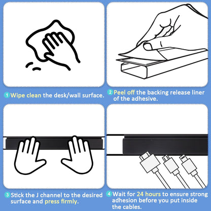 Adhesive Under Desk Cable Management, No-Screw Cable Organizer, Easy Install Cord Hider, Black