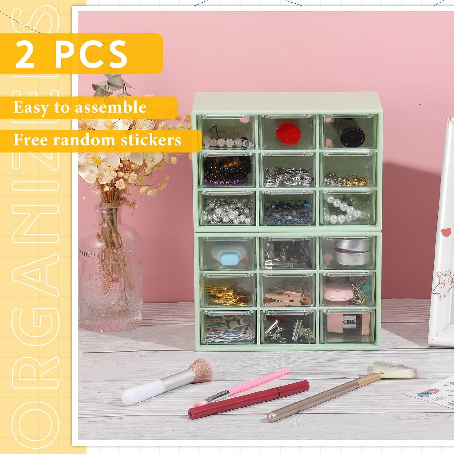 Wenqik 2 Pcs Mini Storage Drawers Teacher Toolbox Organizer with 9 Clear Drawers Small Plastic Desktop Teacher Desk Craft Organizer for Classroom Office 7" x 3. 9" x 4. 7"(Green)