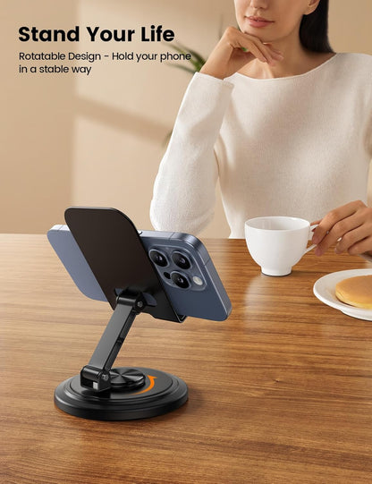 Lamicall Cell Phone Stand for Desk - [360° Rotation] Sturdy Adjustable Desktop Phone Holder, Foldable Mobile Stand, Office Desk Accessories Gifts for iPhone 17 16 15 14 Pro Max, Galaxy S26, Cellphone