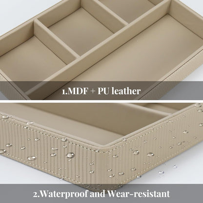 Buqoo PU Leather Valet Tray, Office Supplies Organizer, Stackable Desktop Organizer and Accessories Drawer Organizer for Storing Office Supplies, Jewelry, Cosmetics, Beige