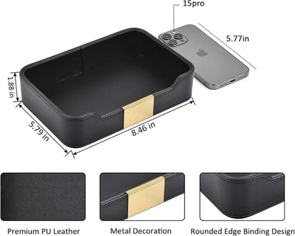 PU Leather Valet Tray Catchall Organizer for Men - Nightstand Dresser Desk Tray for Keys Wallet Watch Jewelry, Bedside Entryway Table Storage Box, EDC Accessories Holder Catch All Dish, Green