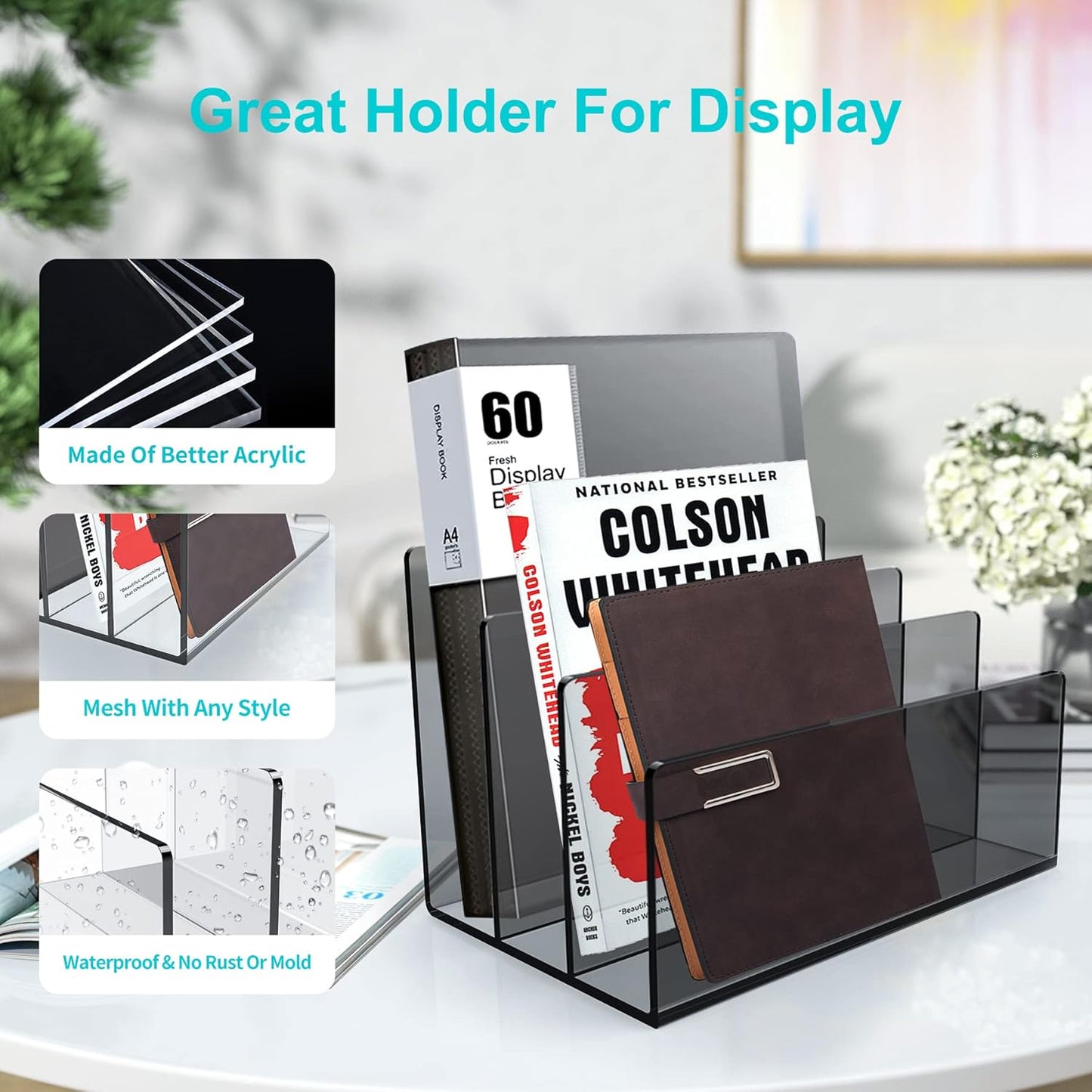 Boloyo Acrylic File Holder,1PC 2 Sections Clear File Organizer Mail Letter Sorter Desktop Folder Holder for Home Office School Envelope Bill Filling Paper Document