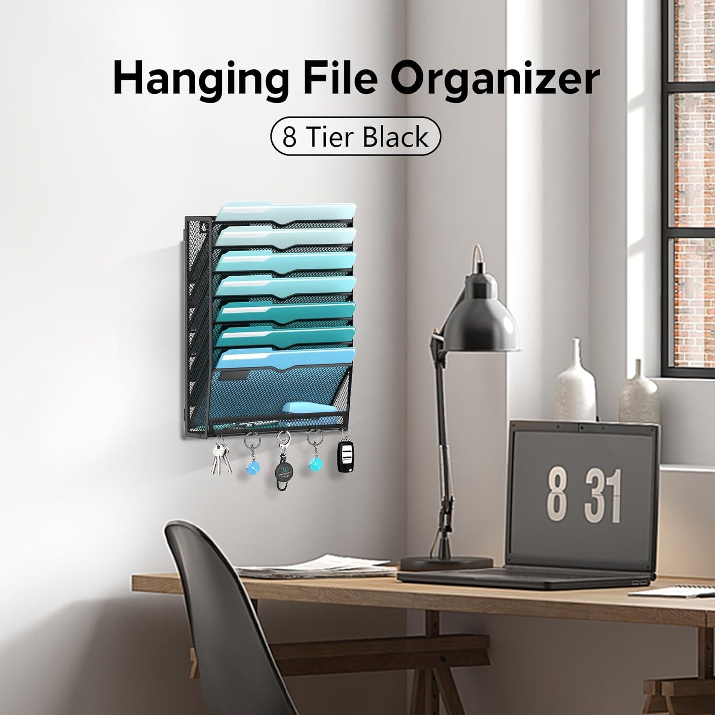 5 Tier Wall File Organizer - Hanging File Organizer with 5 Hooks, Mail Holder Wall Mounted for Papers, Folders, Magazines, Bills, Office&School Organization, Black