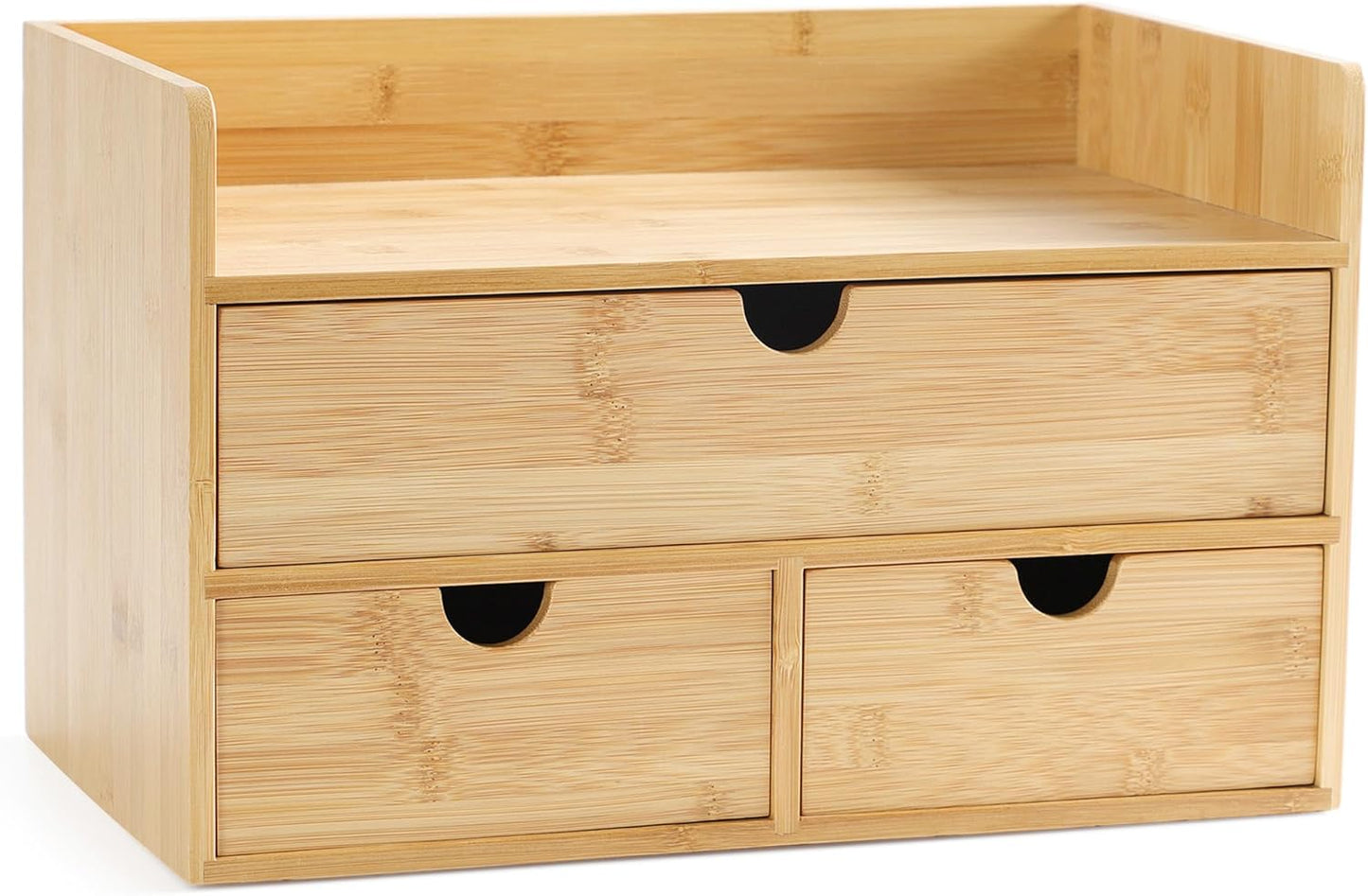 Desk Organizer with Drawers - Bamboo Desktop Organizer Storage | Wood Desk Drawers Organizer for Bills, Office Supplies, Cosmetics, Seals No Assembly Required (3 Drawer with Big Drawer)