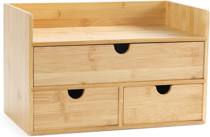 Desk Organizer with Drawers - Bamboo Desktop Organizer Storage | Wood Desk Drawers Organizer for Bills, Office Supplies, Cosmetics, Seals No Assembly Required (3 Drawer with Big Drawer)