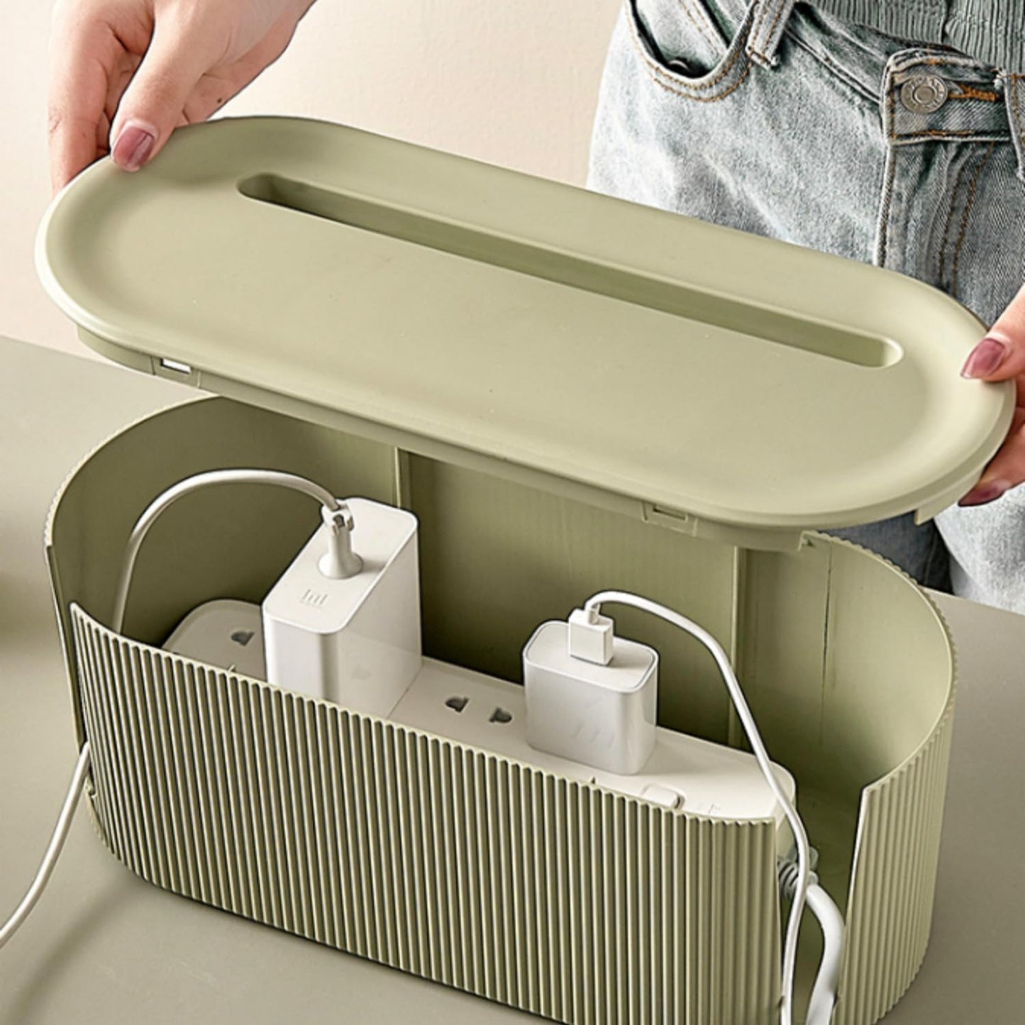 Cable Management Box,Desk Cord Organizer Box with Groove Cover,Plastic Cord Hider Box,Large Cable Box Organizer for Storaging Power Socket/TV/Computer/Router/Games Console Cable (Milk Tea)