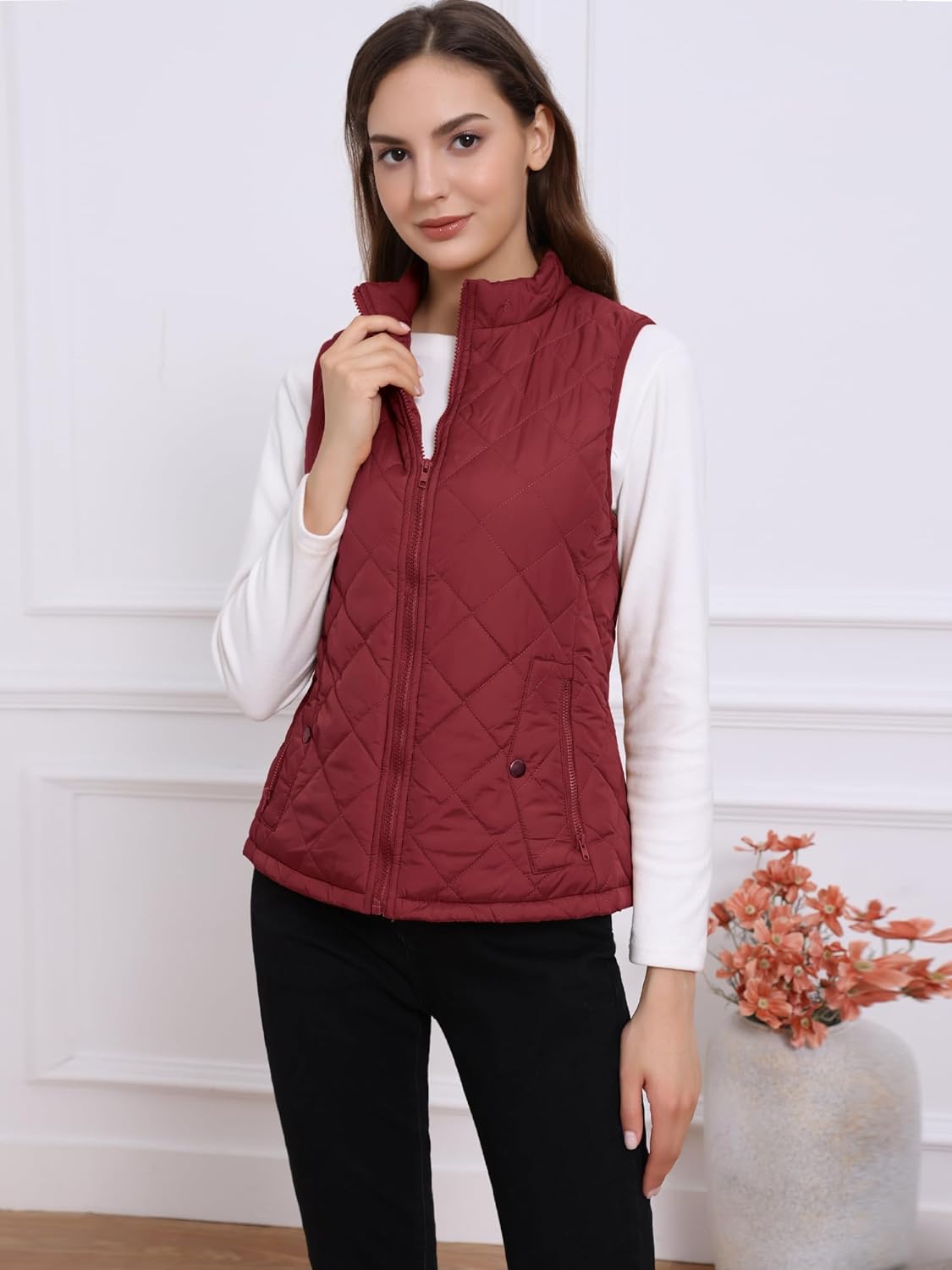 Allegra K Women's Puffer Vest Stand Collar Lightweight Gilet Quilted Zip Vest