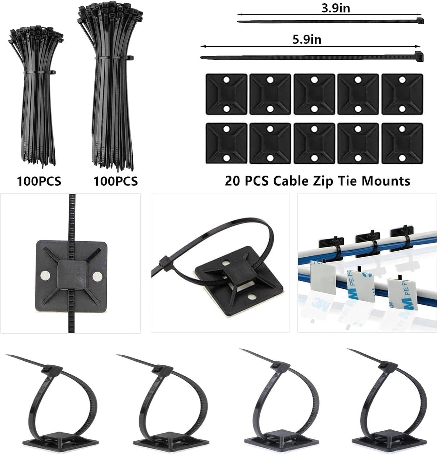 ELII 300PCS Cable Management Kit,4 Cable Sleeve 35 Cable Clips with 11Cord Holders,20 Roll Cable Organizer Straps and 200 Fastening Cable Ties,20 Cable Zip Tie Mounts for Computer TV Under Desk