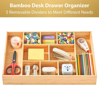 Umilife Bamboo Desk Drawer Organizer, Wood Junk Organizer Tray with Adjustable Dividers, Anti-Skip Storage Organization in Office Bathroom Drawer for Vanity, Makeup, 12" x 9"