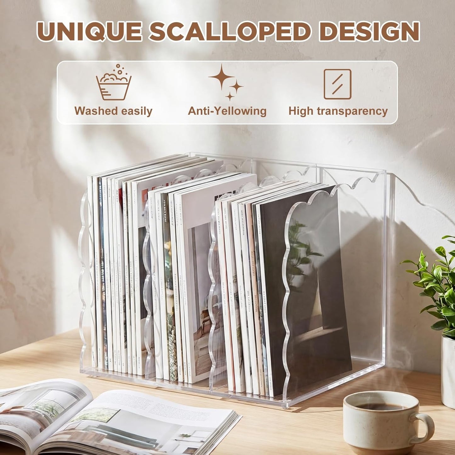 Suzile Scalloped Acrylic Magazine File Holder, 3-Compartment 4mm Thick, Clear Desk Organizer Vertical Bookends Organization for Office, Binders, Documents, Tablets, Magazines, Books