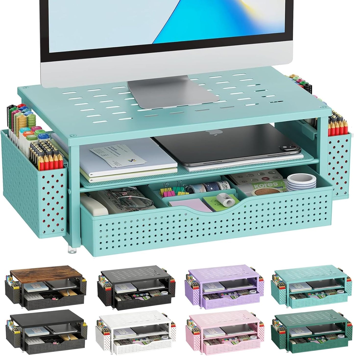 gianotter Wood Monitor Stand Riser, Office Desk Shelf Organizer, Desk Organizer with Drawer and Pen Holder, 2-Tier Computer Stand, Office Organization (Ink)
