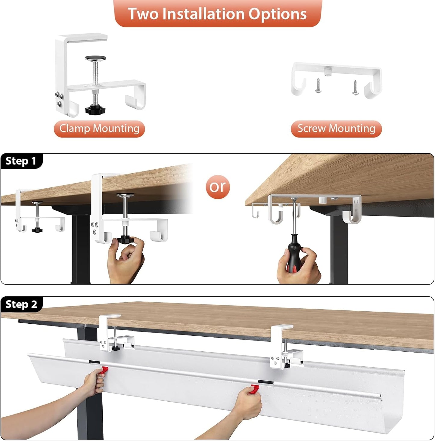 Univivi No Drill Under Desk Cable Management Tray, 36" Cord Organizer for Table, Clamp/Screw Mount Desk Cable Management, Premium Fabric Cable Management Tray for Office, Home