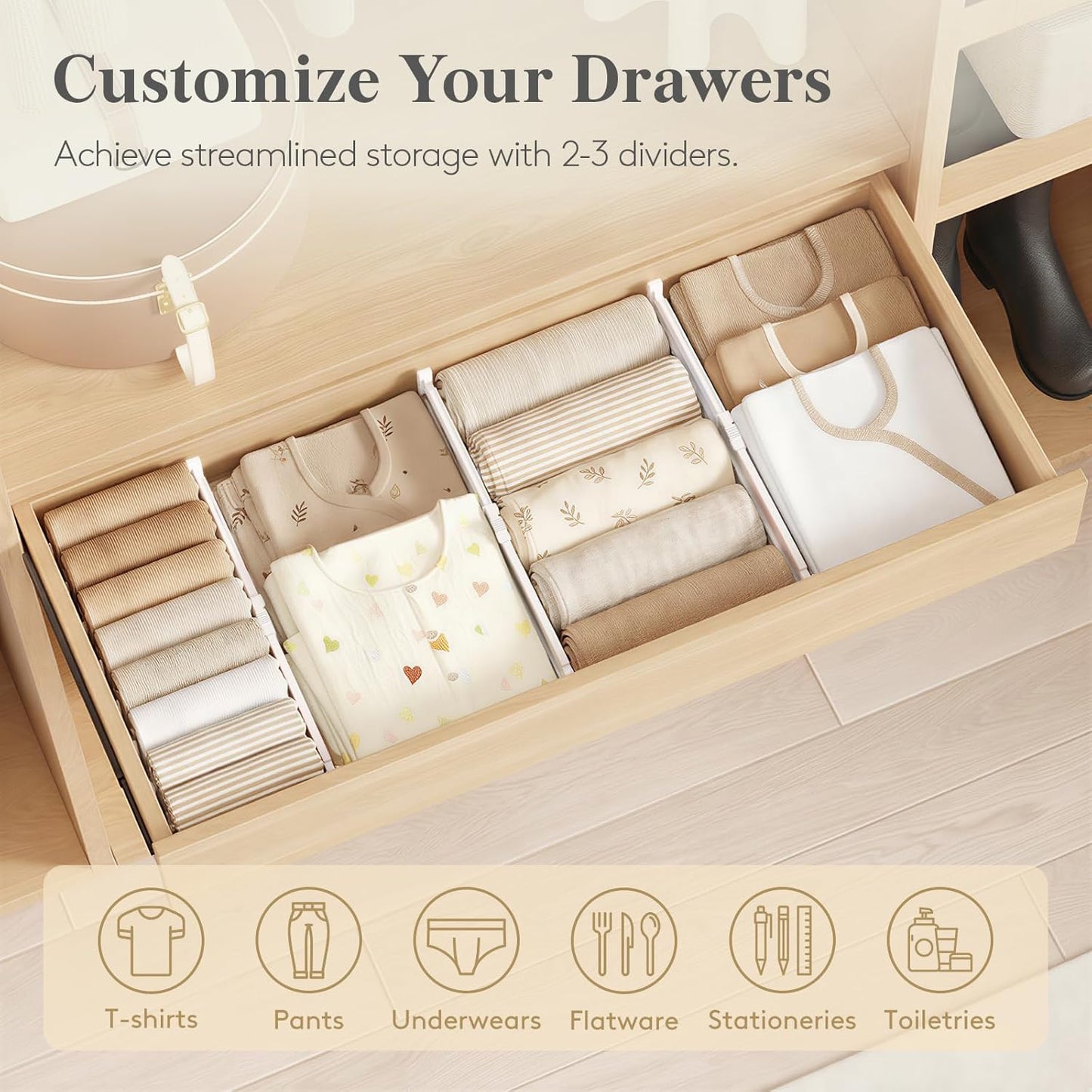 Lifewit Drawer Dividers for Clothes, 3.2" Tall 10.5"-16.5" Expandable Dresser Drawer Organizers, Adjustable White Plastic Separators for Kitchen, Cabinet, Nursery, Socks & Underwear Storage, 4 Pack