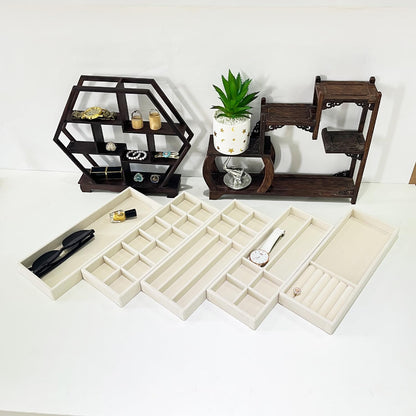 Divided Drawer Organizer Tray, Velvet Jewelry Storage Tray, Necklace Bracelet Ring Earring Display Tray,Bedside Nightstand Desk Holder Tray for Phone Watch Sunglasses Cosmetics Storage/Beige/1grid