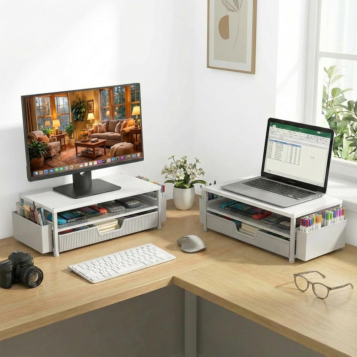 ECOLOVI Desk Organizer and Accessories, 2-Tier Computer Monitor Stand Rise with Storage Drawer & 2 Pen Holders, Laptop & Printer Stand for Desktop, Workspace Organizers for Office Supplies (Blue)