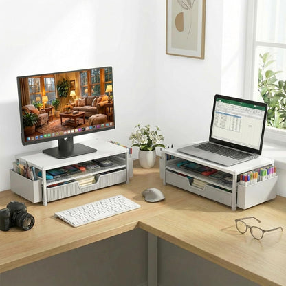ECOLOVI Desk Organizer and Accessories, 2-Tier Computer Monitor Stand Rise with Storage Drawer & 2 Pen Holders, Laptop & Printer Stand for Desktop, Workspace Organizers for Office Supplies (Blue)