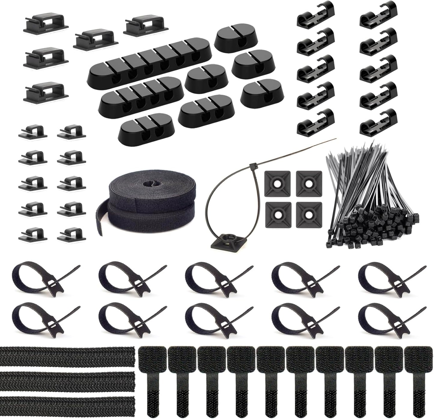 ZIIYAN 163 PCS Cable Management Kit, 3 Wire Organizer Sleeve, 8 Self Adhesive Cable Holder, 25 Cord Clips, 20+2 Roll Reusable Cable Straps and 100 Fastening Cable Ties for Computer TV Under Desk