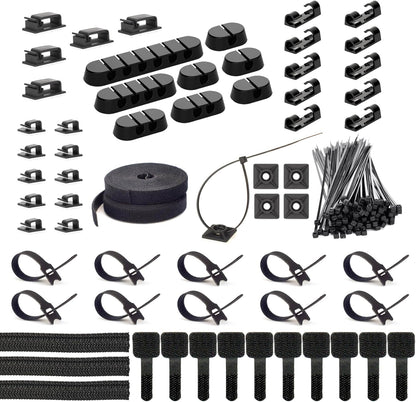 ZIIYAN 163 PCS Cable Management Kit, 3 Wire Organizer Sleeve, 8 Self Adhesive Cable Holder, 25 Cord Clips, 20+2 Roll Reusable Cable Straps and 100 Fastening Cable Ties for Computer TV Under Desk