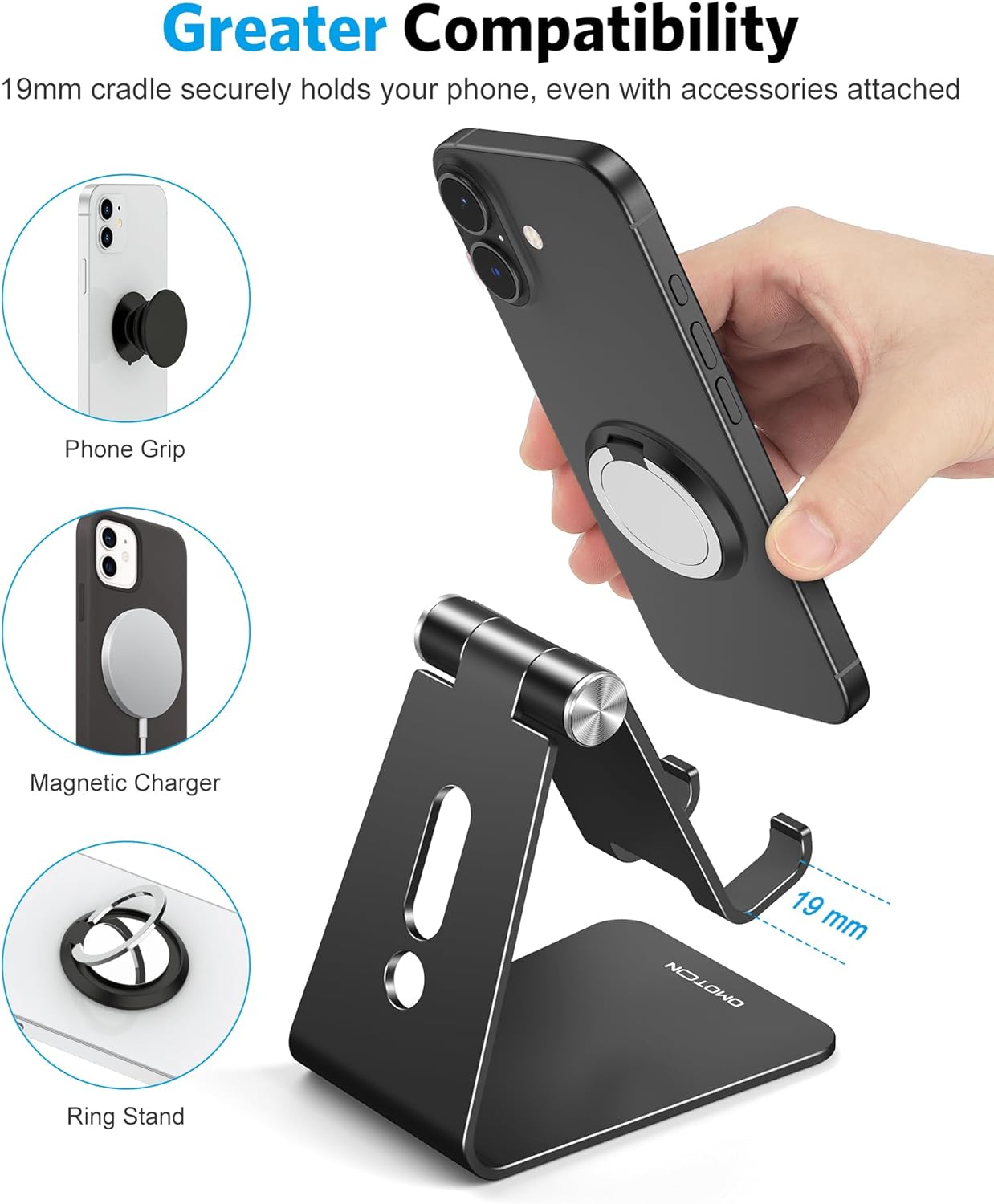 Adjustable Cell Phone Stand, OMOTON Aluminum Desktop Cellphone Stand with Anti-Slip Base and Convenient Charging Port, Fits All Smart Phones, Silver