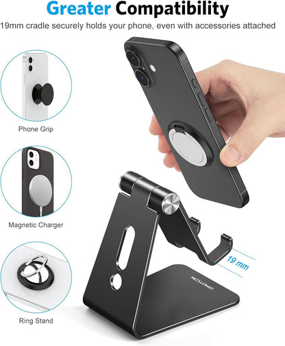 Adjustable Cell Phone Stand, OMOTON Aluminum Desktop Cellphone Stand with Anti-Slip Base and Convenient Charging Port, Fits All Smart Phones, Silver