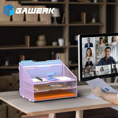 GAWERK Letter Tray Organizer, Mesh Desk File Organizer with 3 Paper Trays and 2 Vertical Upright Section, Blank