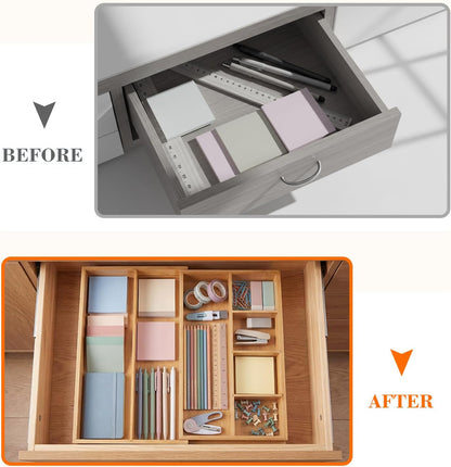 Bamboo Sliding Desk Drawer Organizer 8.2'' up to 16.4'' x 14.4'' x 2.2'' Expandable Office Desk Accessories Supplies Tray with 7 Compartments for Pens, Notebooks, Rulers, and Makeup Jewelry Vanity